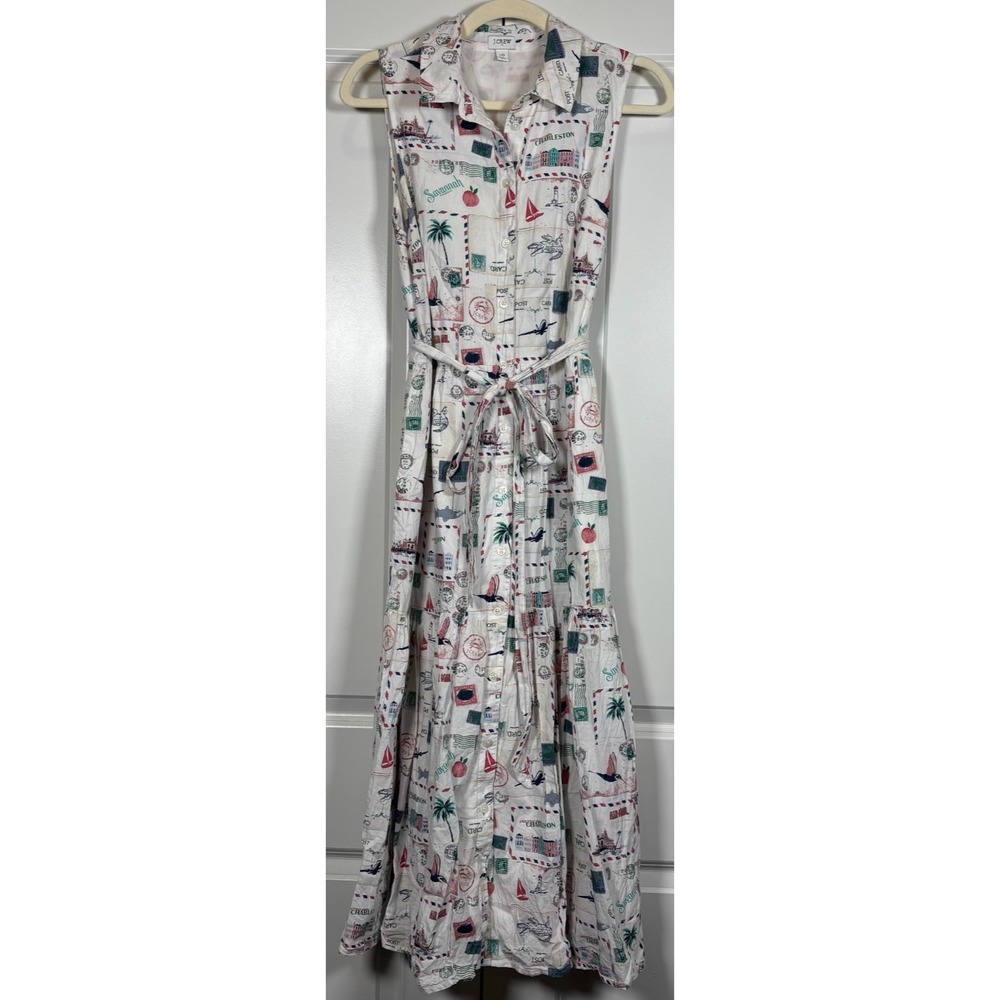 J.Crew Womens Midi Shirt Dress White Postcard Print Collared Tie-Waist Pocket 10